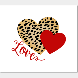 Red and Cheetah Pattern Hearts with Love Text Posters and Art